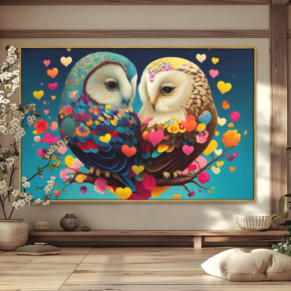 Tablou canvas cu tablou canvas cu doua bufnite colorate si inimi, in rama de aluminiu auriu